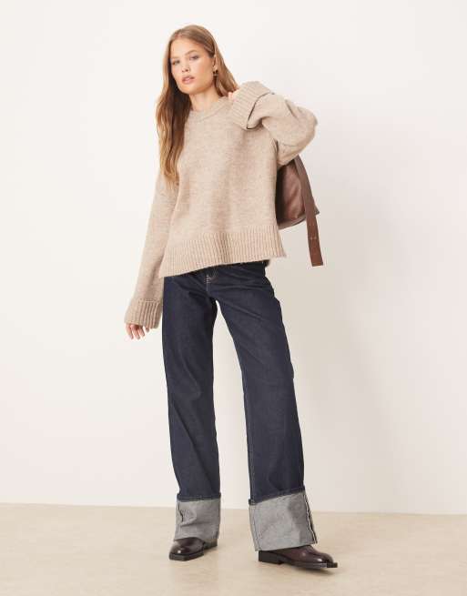 Gina Tricot relaxed crew neck folded sleeve knit sweater in beige