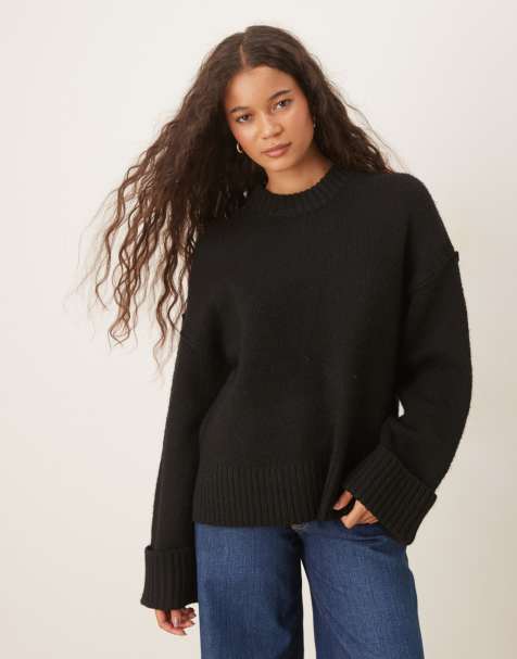 Gina Tricot relaxed crew neck folded sleeve knit sweater in black - view 1