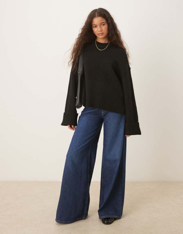 Gina Tricot relaxed crew neck folded sleeve knit sweater in black
