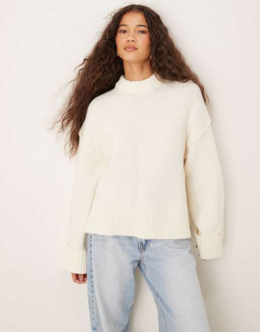 Gina Tricot relaxed crew neck folded sleeve knit sweater in cream