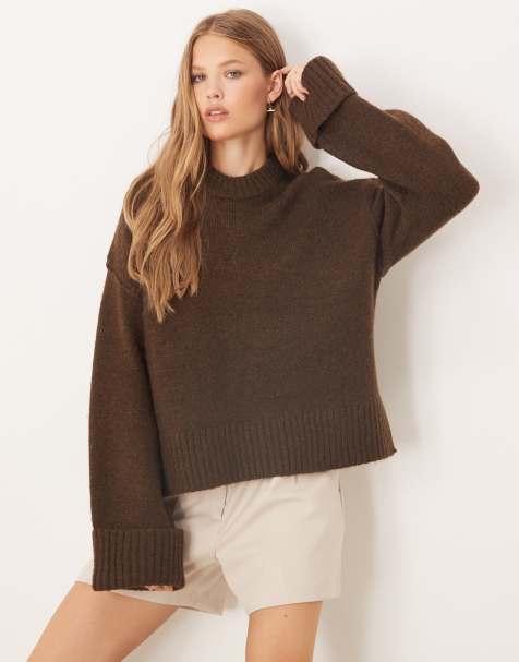 Gina Tricot relaxed crew neck folded sleeve knit sweater in dark brown - view 1