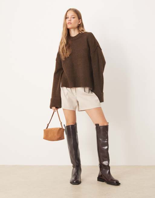 Gina Tricot relaxed crew neck folded sleeve knit sweater in dark brown