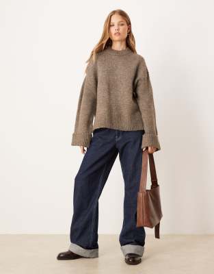 Gina Tricot Relaxed Crew Neck Folded Sleeve Knit Sweater In Brown