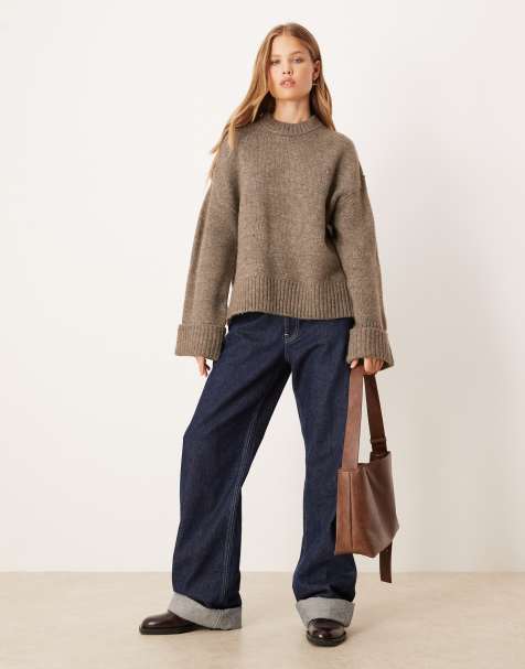 Gina Tricot relaxed crew neck folded sleeve knit sweater in heathered brown - view 1