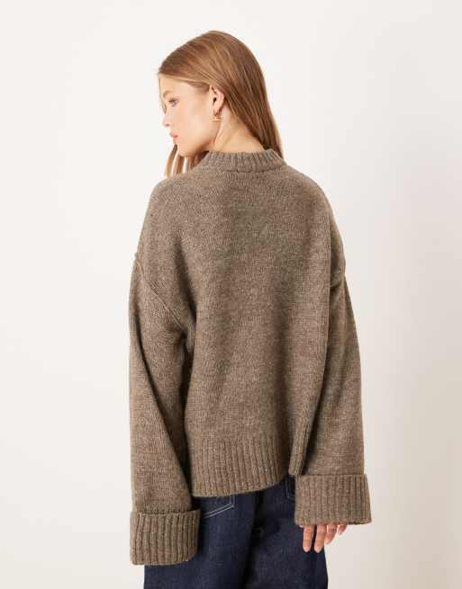 Gina Tricot relaxed crew neck folded sleeve knit sweater in heathered brown