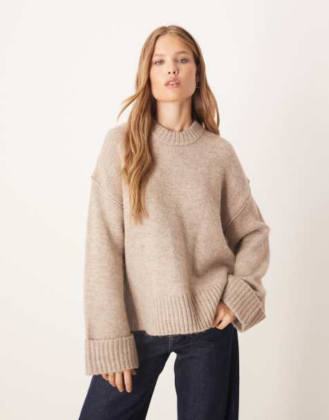 Gina Tricot relaxed crew neck folded sleeve knitted sweater in beige - view 1