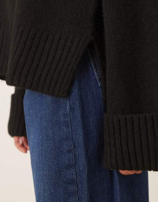 Gina Tricot relaxed crew neck folded sleeve knitted sweater in black, 3 of 4