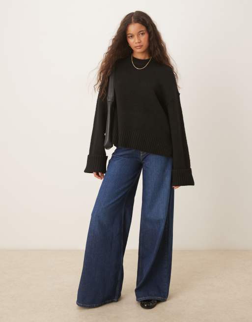 Gina Tricot relaxed crew neck folded sleeve knitted sweater in black, 4 of 4
