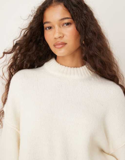Gina Tricot relaxed crew neck folded sleeve knitted sweater in cream, 3 of 4