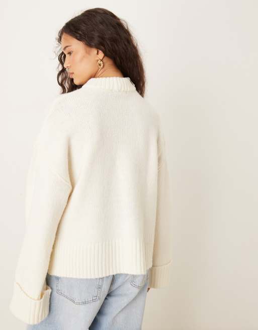 Gina Tricot relaxed crew neck folded sleeve knitted sweater in cream, 4 of 4