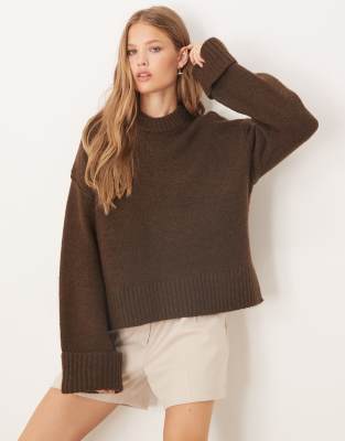 Gina Tricot relaxed crew neck folded sleeve knitted sweater in dark brown