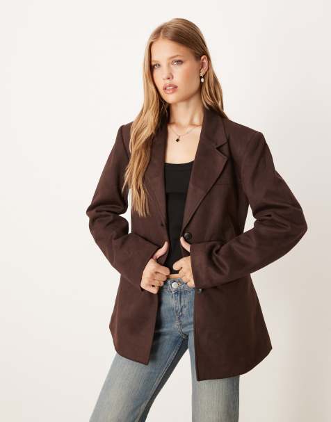 Gina Tricot relaxed fit faux suede blazer in dark chocolate brown - view 1