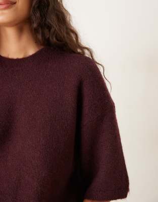 Gina Tricot Relaxed Fit Knit Wool Alpaca Short Sleeve Top In Burgundy