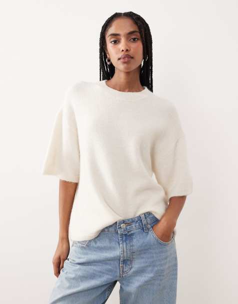 Gina Tricot relaxed fit knit wool alpaca short sleeve top in cream - view 1