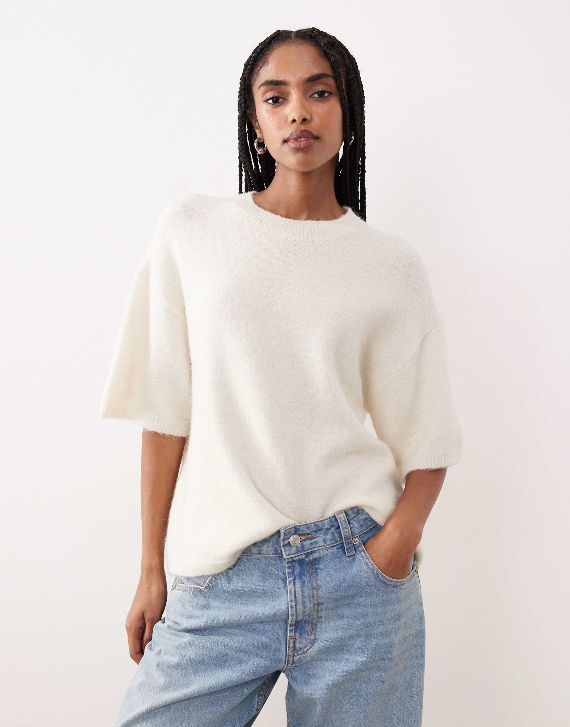 gina tricot relaxed fit knit wool alpaca short sleeve top in cream