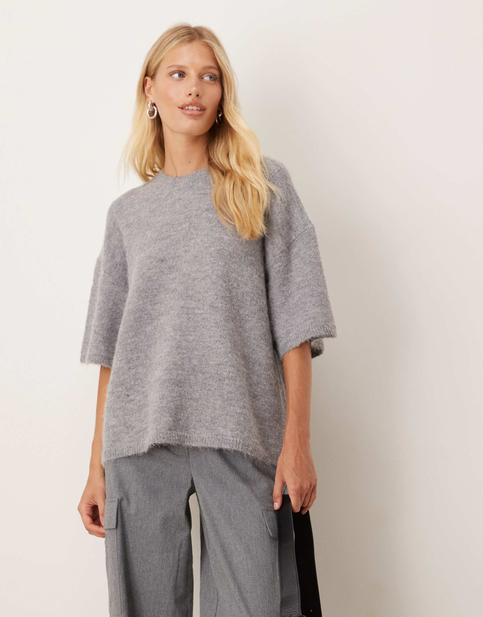 gina tricot relaxed fit knit wool alpaca short sleeve top in gray melange