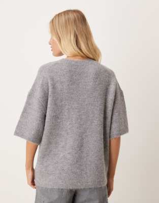 Gina Tricot Relaxed Fit Knit Wool Alpaca Short Sleeve Top In Gray