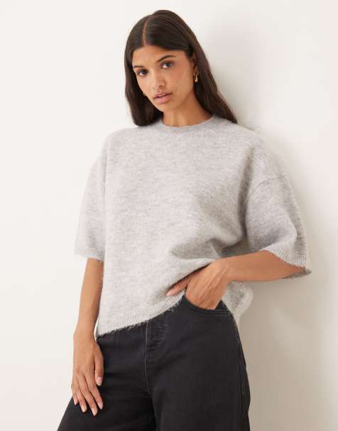 Gina Tricot relaxed fit knit wool alpaca short sleeve top in light heather gray - view 1