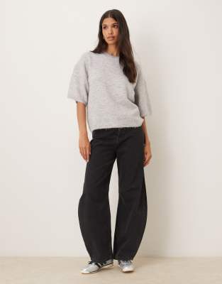 Gina Tricot Relaxed Fit Knit Wool Alpaca Short Sleeve Top In Gray