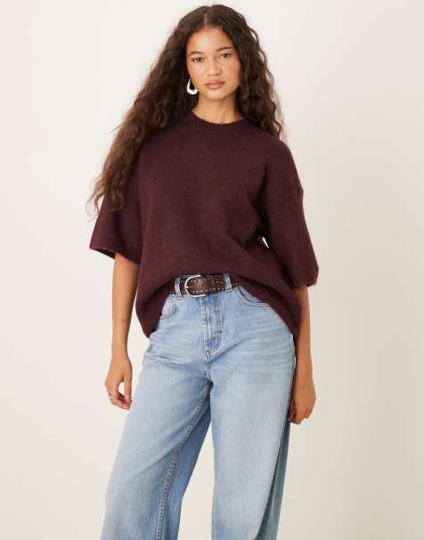 Gina Tricot relaxed fit knitted wool alpaca short sleeve top in burgundy - view 1