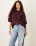 [GINA TRICOT] Gina Tricot relaxed fit knitted wool alpaca short sleeve top in burgundy-Red L Burgundy