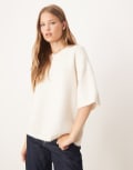 [GINA TRICOT] Gina Tricot relaxed fit knitted wool alpaca short sleeve top in cream-White XL Cream