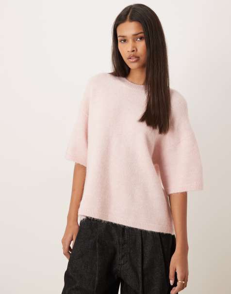 Gina Tricot relaxed fit knitted wool alpaca short sleeve top in pink