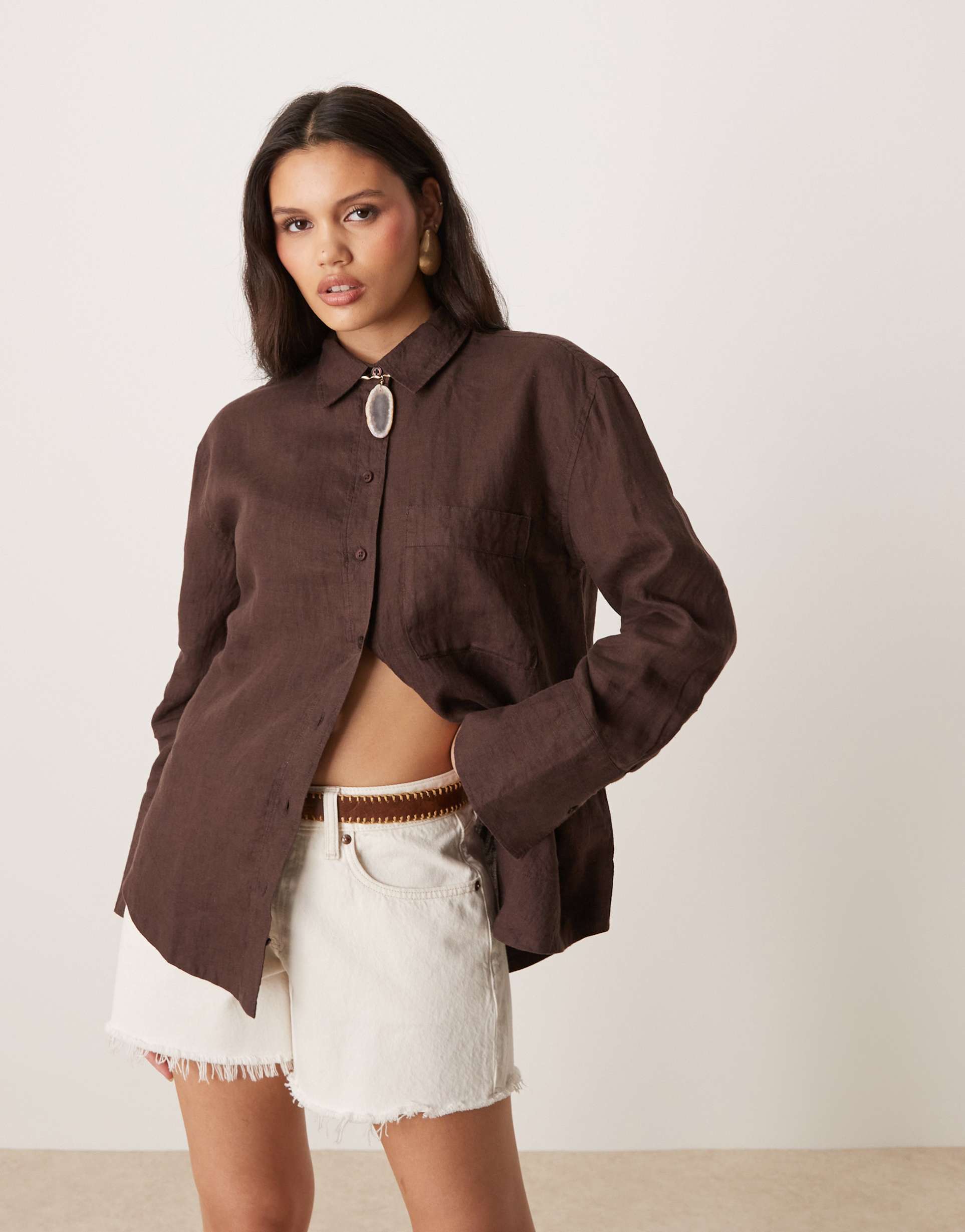 gina tricot relaxed fit long sleeve linen shirt in brown