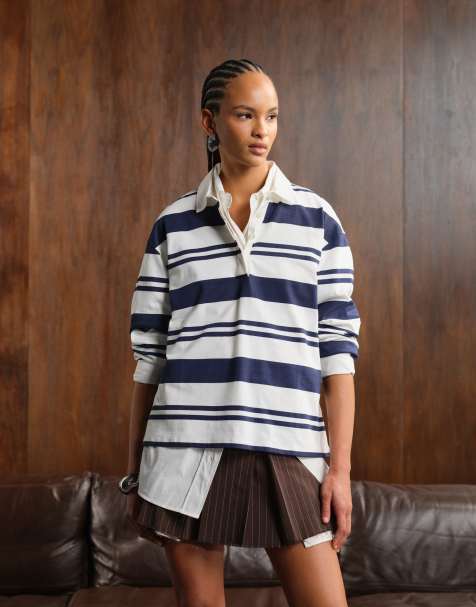 Gina Tricot relaxed fit long sleeve navy stripe polo collar sweater in white - view 1