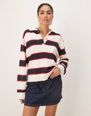 Gina Tricot Relaxed Fit Long Sleeve Rugby Polo In Multi