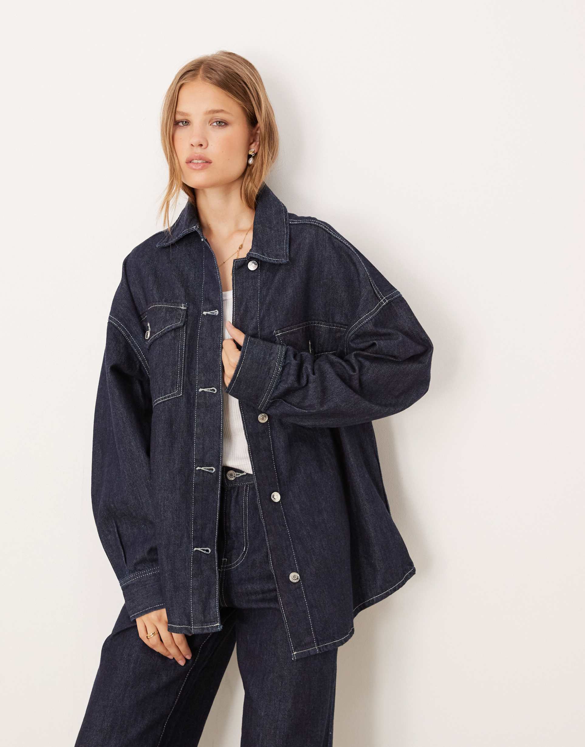 gina tricot relaxed fit oversized denim shirt in dark wash indigo blue - part of a set