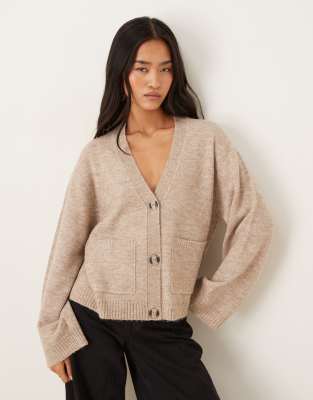 Gina Tricot - Relaxed-Fit-Strickjacke in beige meliert mit Taschen-Neutral