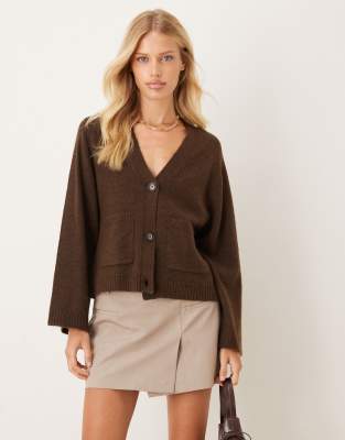 Gina Tricot Relaxed Knit Cardigan With Pockets In Brown