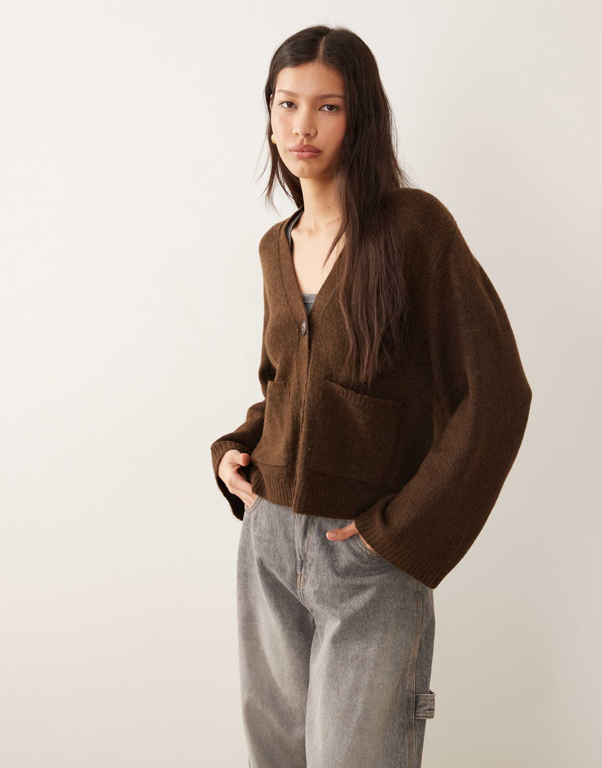 gina tricot relaxed knit cardigan with pockets in dark brown
