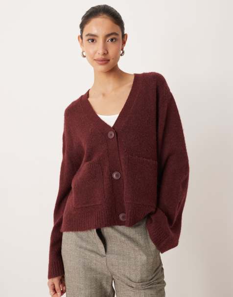 Gina Tricot relaxed knitted cardigan with pockets in burgundy - view 1