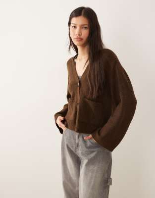 GINA TRICOT Gina Tricot relaxed knitted cardigan with pockets in dark brown