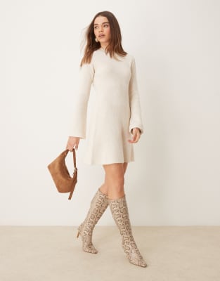 rib knit crew neck mini skater dress in off white