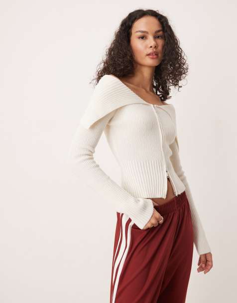 GINA TRICOT rib knit zip front cardigan with off the shoulder collar in cream - view 1