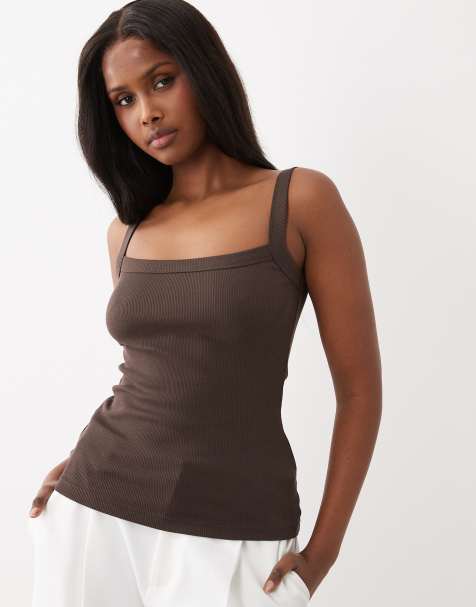 Gina Tricot rib singlet in brown - view 1