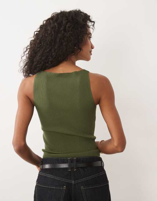 Gina Tricot ribbad stickad topp i khakigrönt, 4 av 4