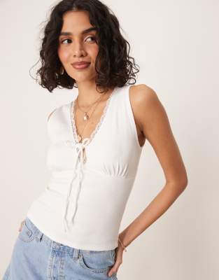 Gina Tricot Ribbed Tie Front Tank Top In White