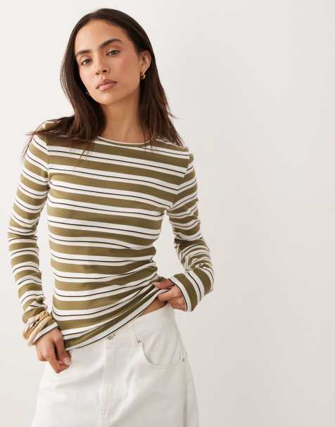 Gina Tricot ribstrikket jersey-top med rund hals og lange ærmer i grønne striber - view 1