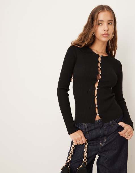 Gina Tricot - Ribstrikket sort top med lange ærmer og knapper - view 1