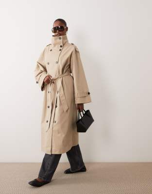 Gina Tricot Rich Cotton High Neck Trench Coat In Neutral