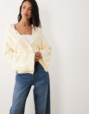 Gina Tricot Rich Cotton Knit Cable Cardigan In Yellow