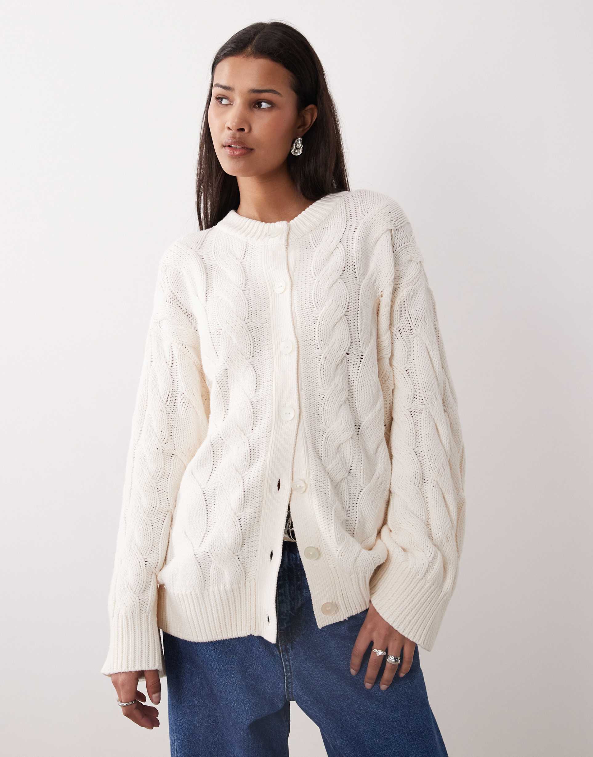 gina tricot rich cotton knit cable cardigan in white