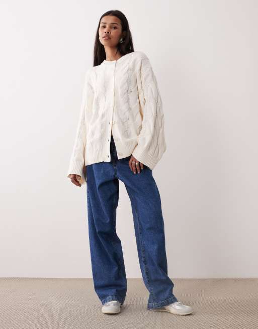 Gina Tricot rich cotton knit cable cardigan in white, 2 of 4