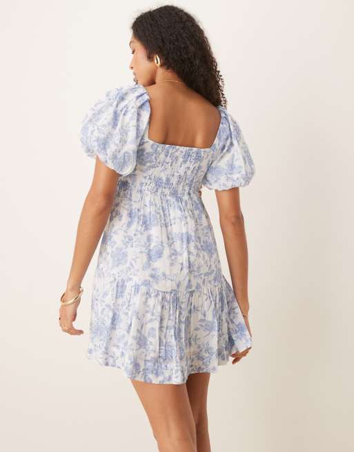 Gina Tricot - Robe courte à fleurs nouée sur le devant avec manches bouffantes - Bleu, 2 de 4