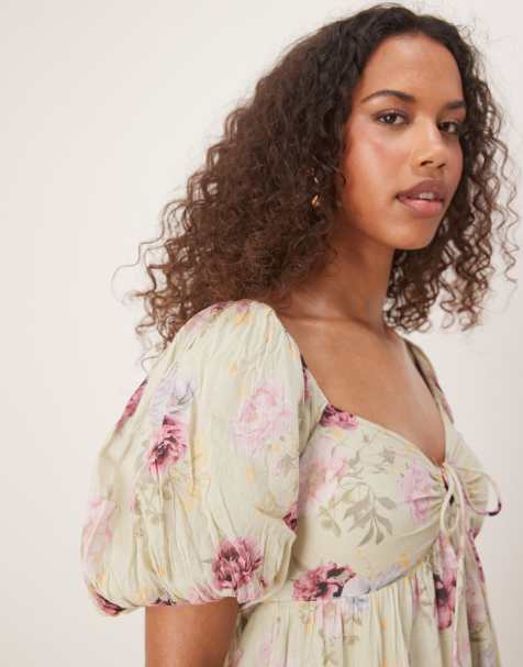 Robe longue manches courtes à petites fleurs verte Femme VERO MODA à