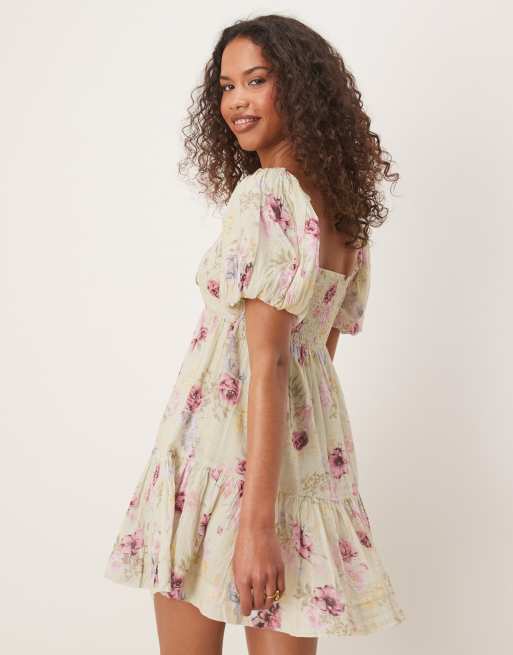 Gina Tricot - Robe courte à fleurs nouée sur le devant avec manches bouffantes - Vert, 3 de 4